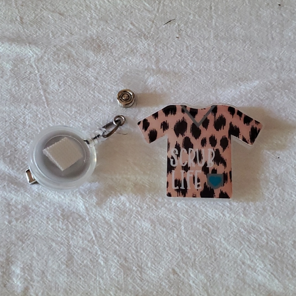 Badge reel and acrylic "Scrub Life" decor
